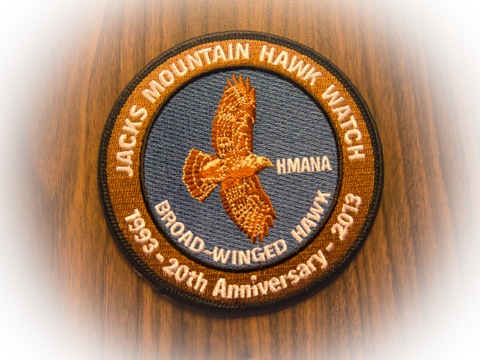 Jacks Mountain commemorative patch featuring a broadwinged hawk