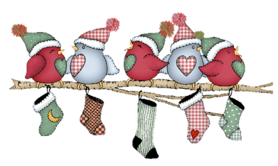 cartoon of Christmas-y birds with stockings