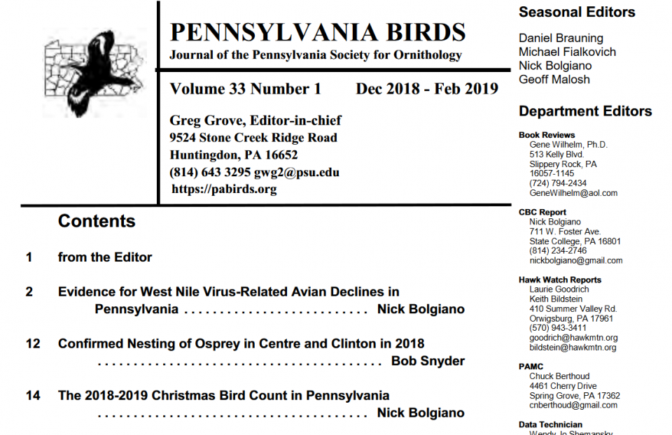 Pennsylvania Birds journal table of contents showing Nick's report on WNV