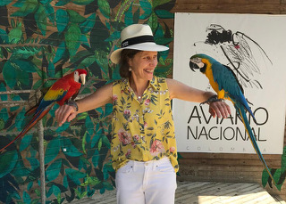 woman wearing a panama hat with a parrot on each arm